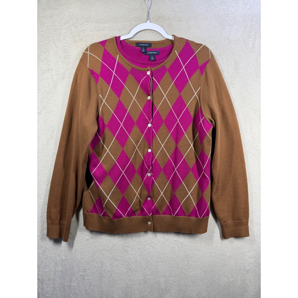 Lands End Cardigan Set Women L Pink Brown Argyle Supima Cotton Preppy 2 Piece